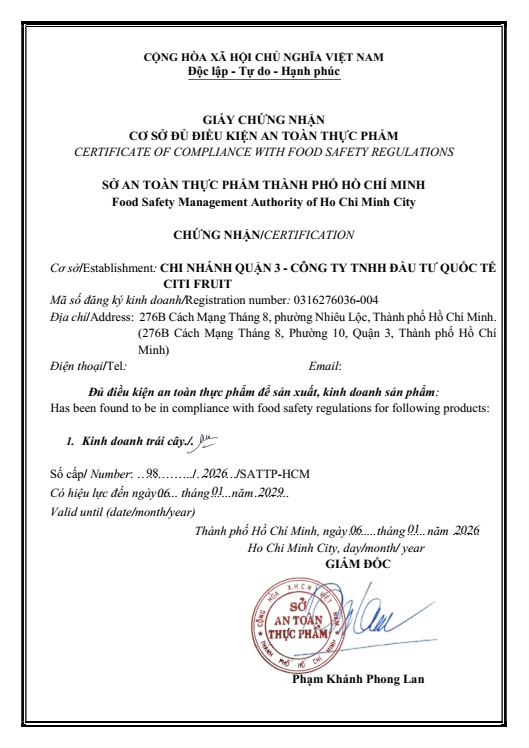 Giấy Chứng Nhận Vệ Sinh An Toàn Thực Phẩm - Cửa Hàng Quận 3 - 276B Cách Mạng Tháng Tám